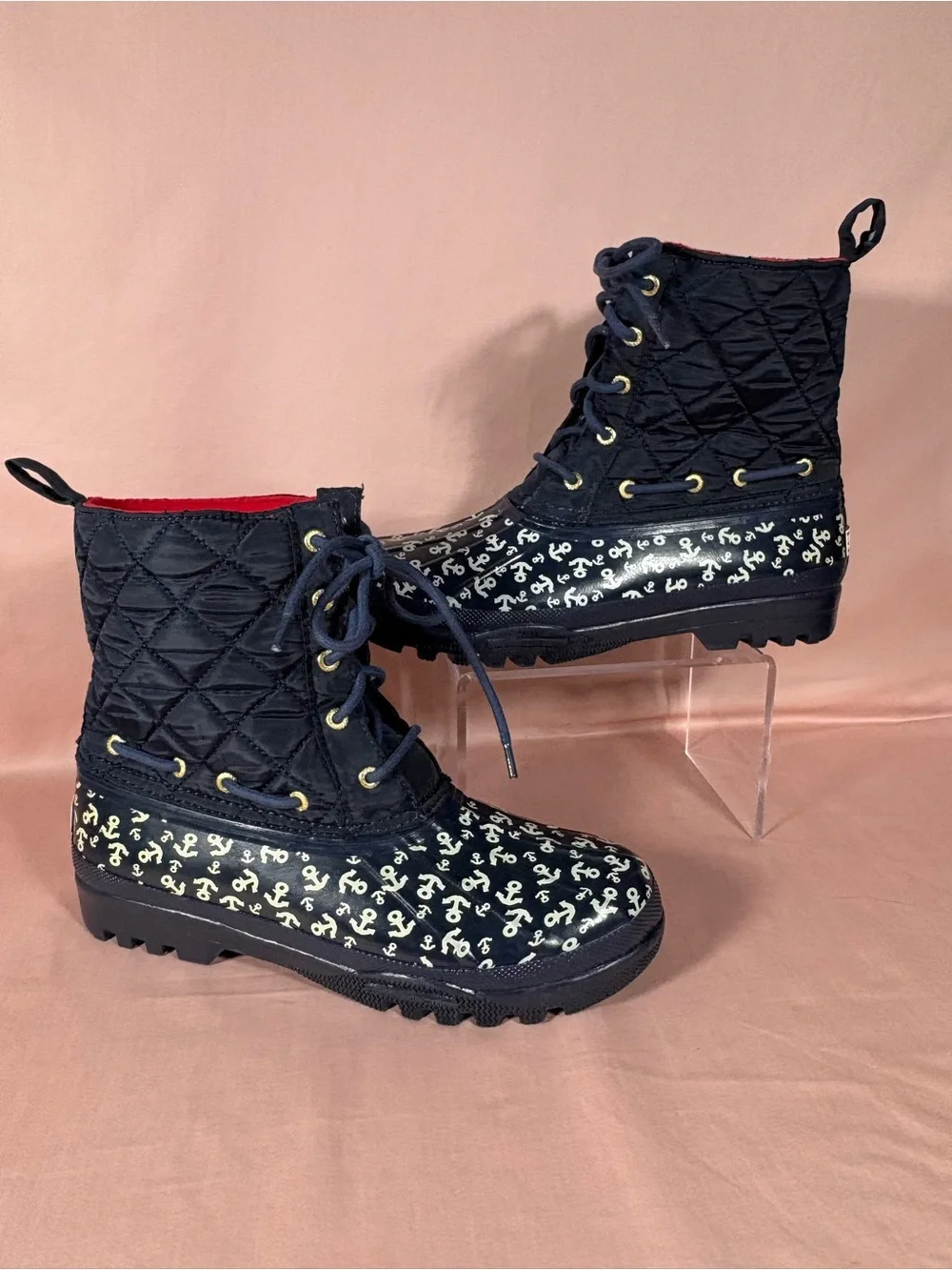 Sperry Women's Saltwater Duck Boot Navy Anchor Print Quilted STS90705 Size 8